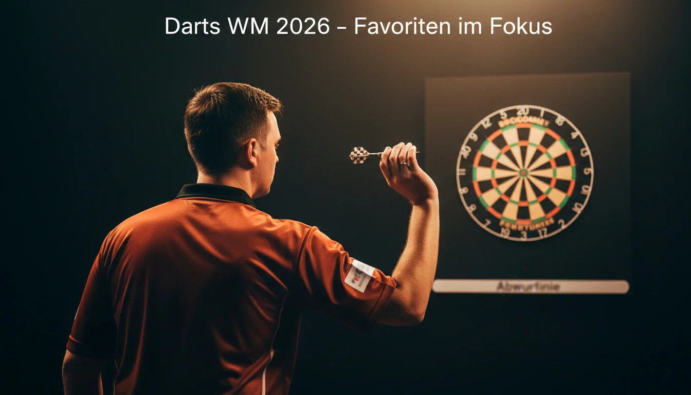 Darts-Spieler wirft Pfeil auf Dartscheibe im Scheinwerferlicht beim Turnier