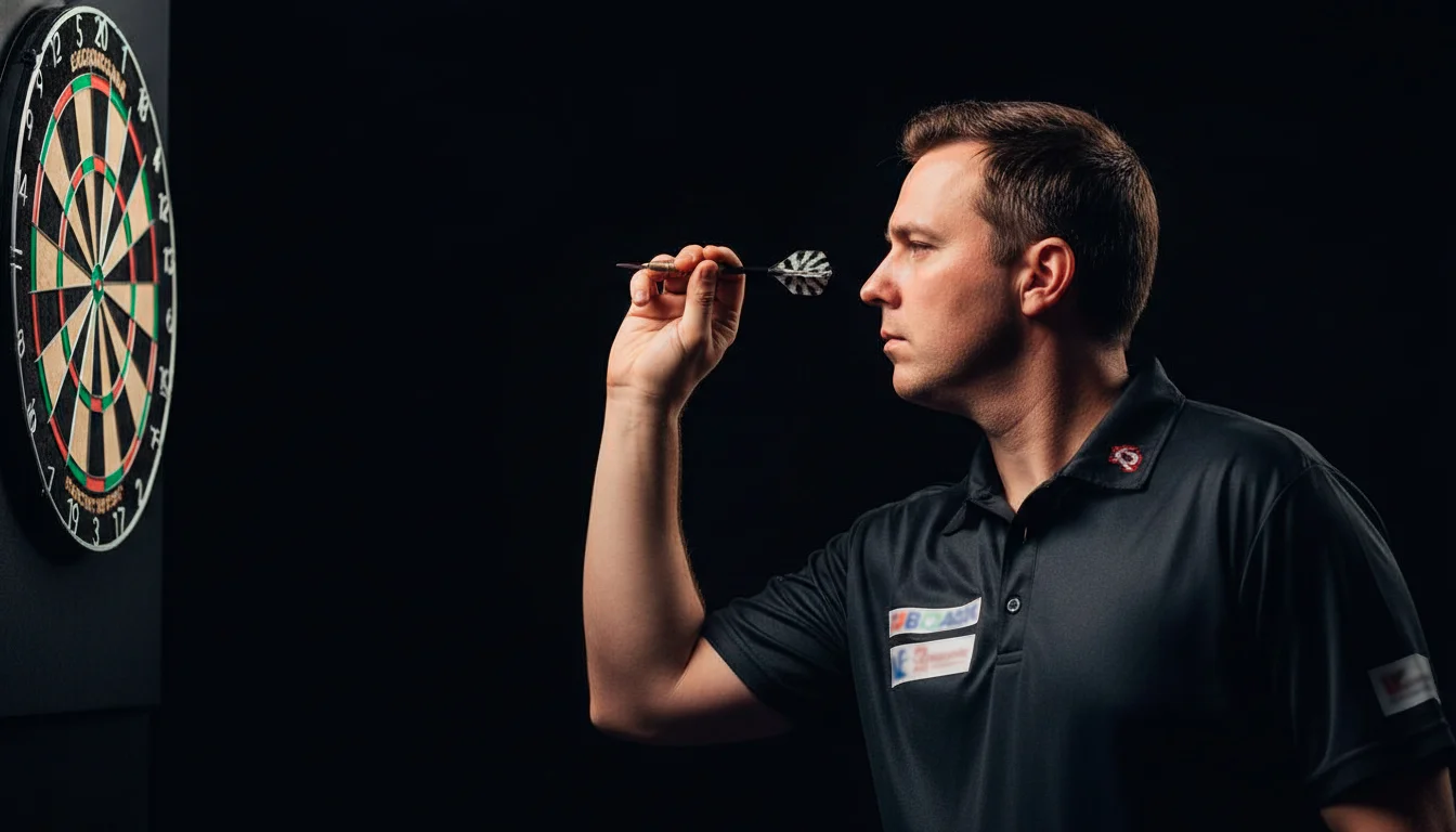 Darts-Profi konzentriert sich vor dem Wurf auf der Bühne des Alexandra Palace