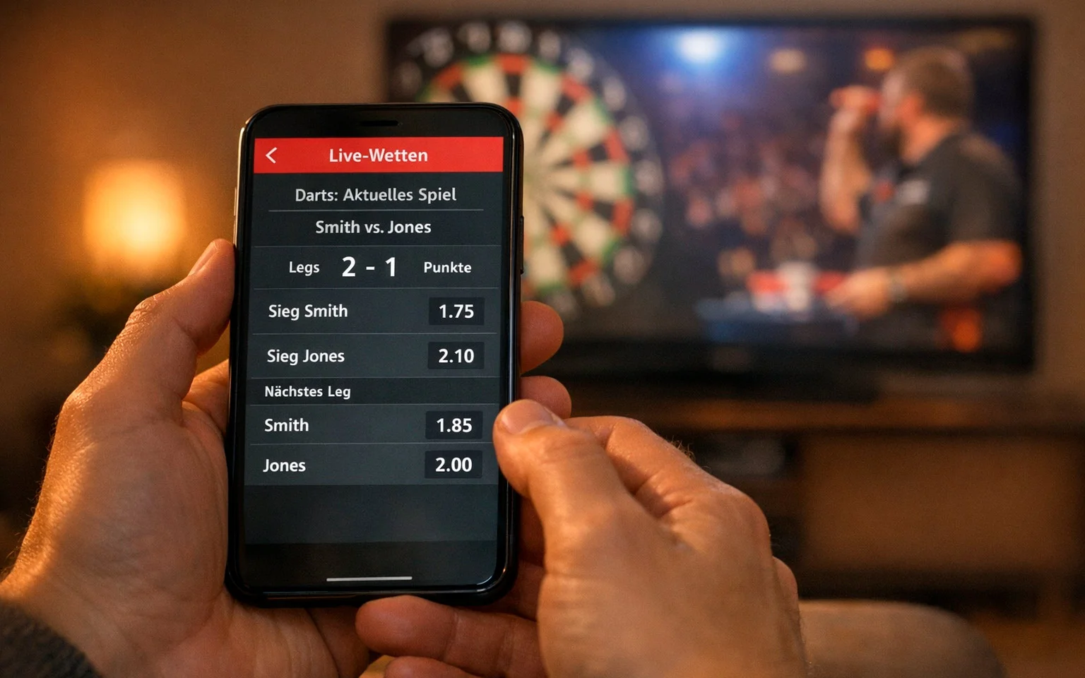Smartphone mit Live-Wetten während eines Darts-Matches auf dem Bildschirm