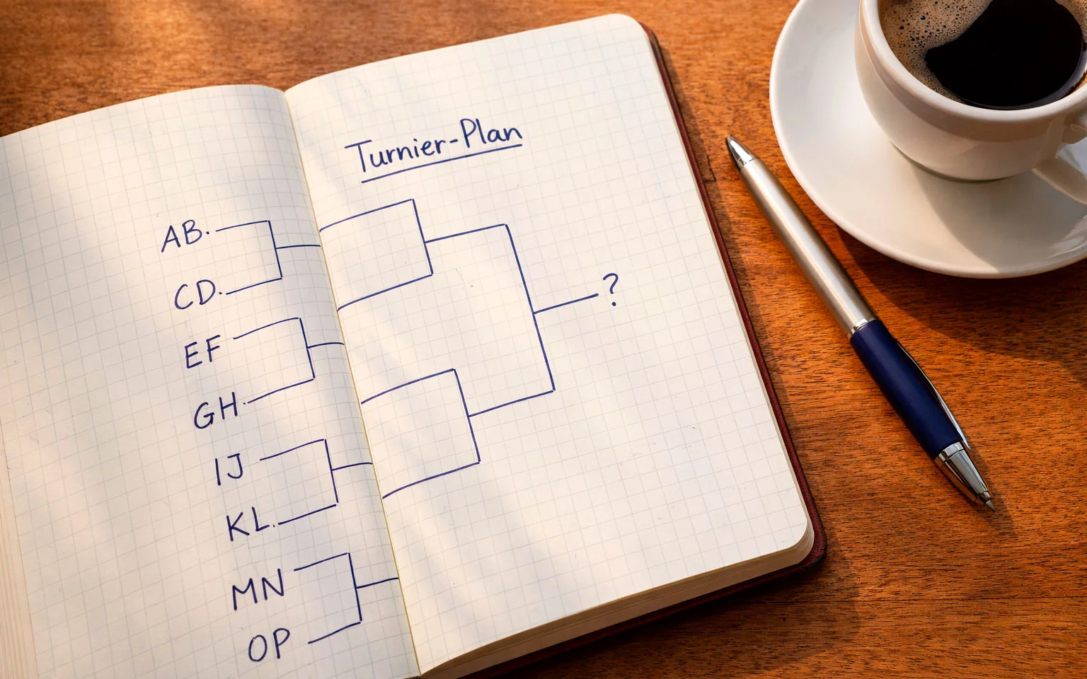 Notizbuch mit Turnierbaum-Analyse und Stift auf einem Tisch