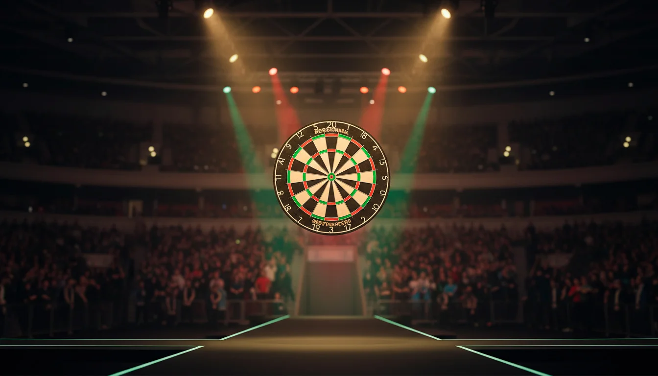 Darts WM Bühne im Alexandra Palace mit Beleuchtung und Dartscheibe